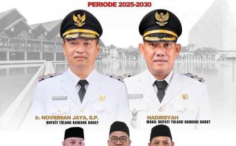  ucapan selamat dan sukses atas dilantiknya Ir. Novriwan Jaya, S.P. sebagai Bupati Tulang Bawang Barat dan Nadirsya sebagai Wakil Bupati Tulang Bawang Barat periode 2025–2030.